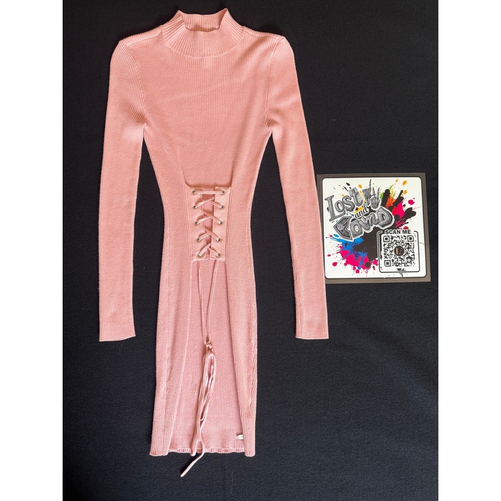 Guess Ribbed Knit Mini Dress Womens XS Pink Excellent Lace Up Mock Neck Slit